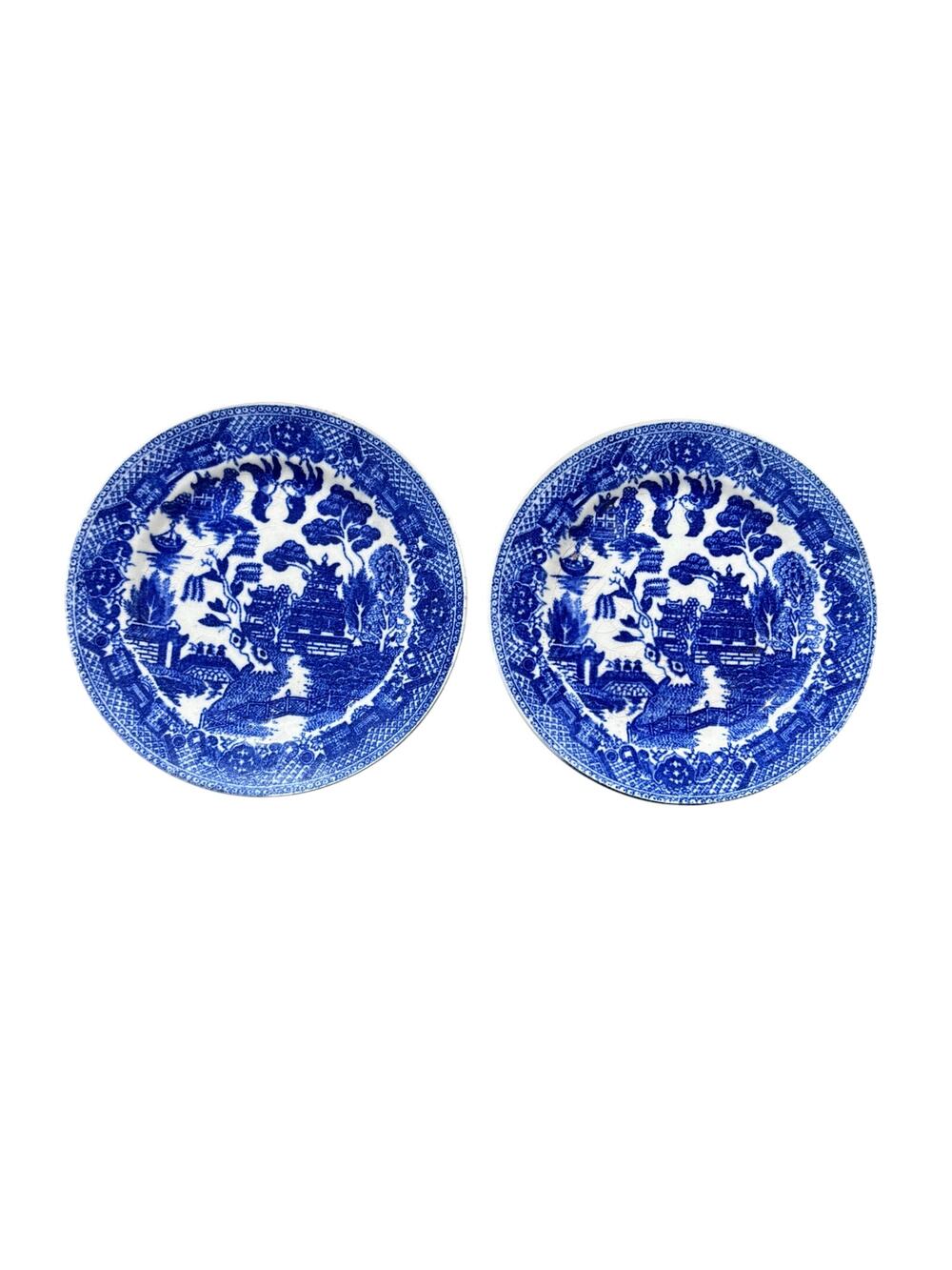 Blue Willow SM Plates (2) 6.5” Made in Japan Blue & WHITE Transferware Farmhouse